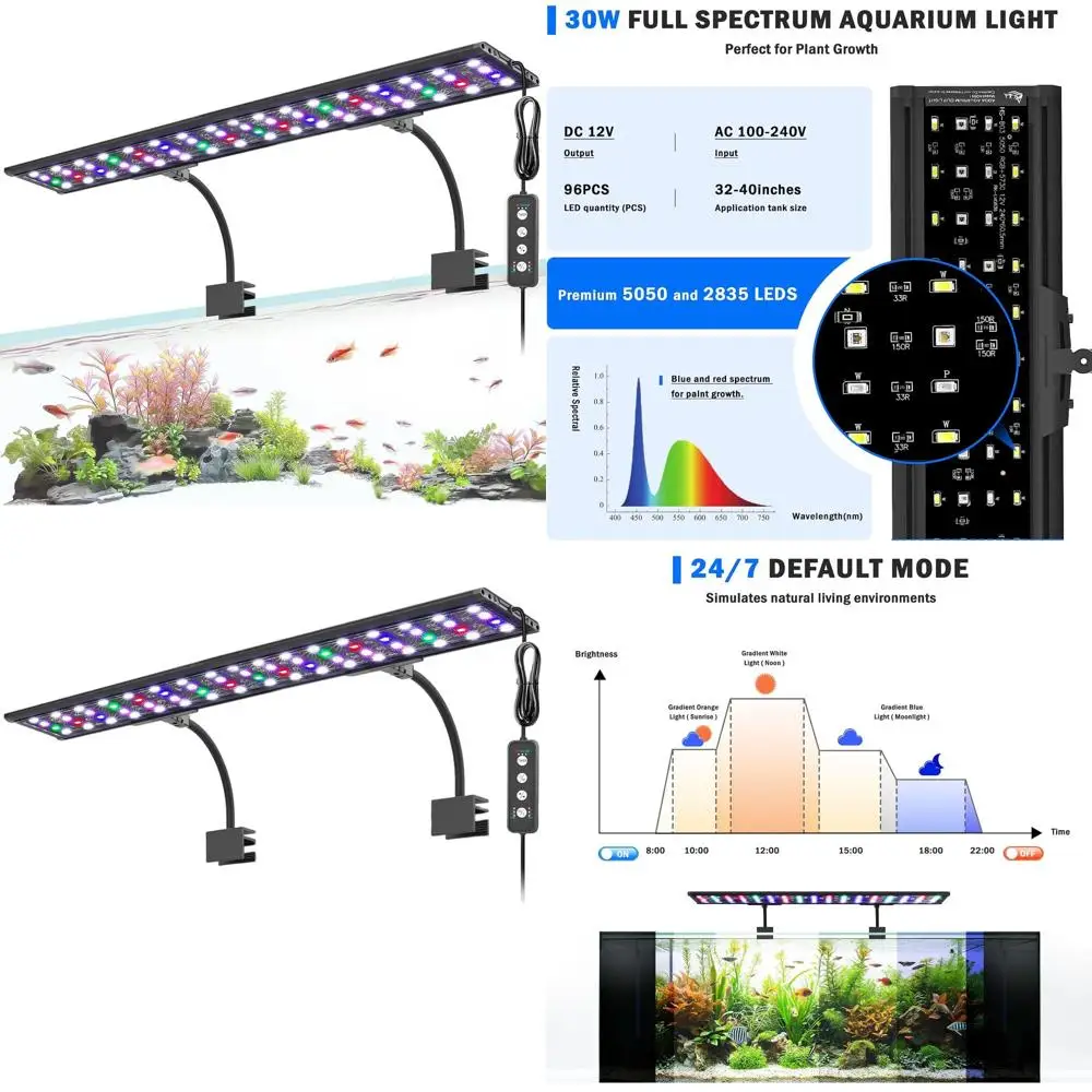

Светодиодный светильник для аквариума с функцией памяти, работающий 24/7, полноспектральный светильник для растений, регулируемый таймер/яркость, водонепроницаемость IP68
