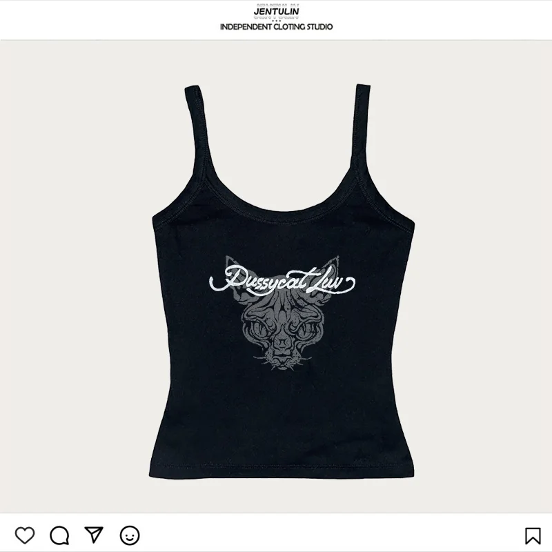 하라주쿠 고스 힙합 푸시캣 러브 그래픽 티셔츠 패션 Y2K 스타일 크롭탑 2000년대 여름 펑크 핫걸 베스트 섹시 탱크탑