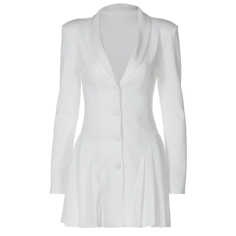Women Elegant White Single-breasted Pleated Mini Dress Fashion Deep V-neck Long Sleeved A-line Dressses 2024 New Lady Streetwear image 6