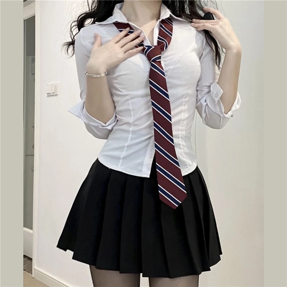 JK Uniforme Sexy Hot Girl Cintura Fina Camisa Curta/Longo-manga Estilo Universitário Japonês Feminino Estudante Camisa Branca Conjunto de Saia Plissada