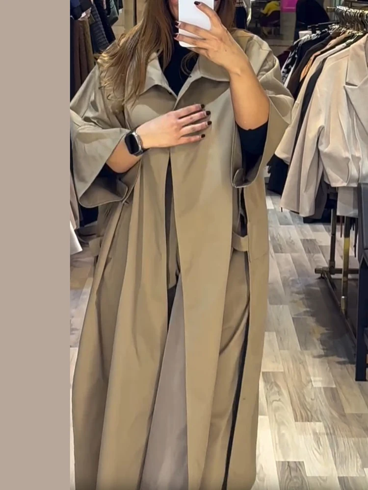 Women Lapel Collar Open Front Long Trench Coat Batwing Half Sleeve Belted Loose Maxi Overcoat Casual Streetwear Outerwear