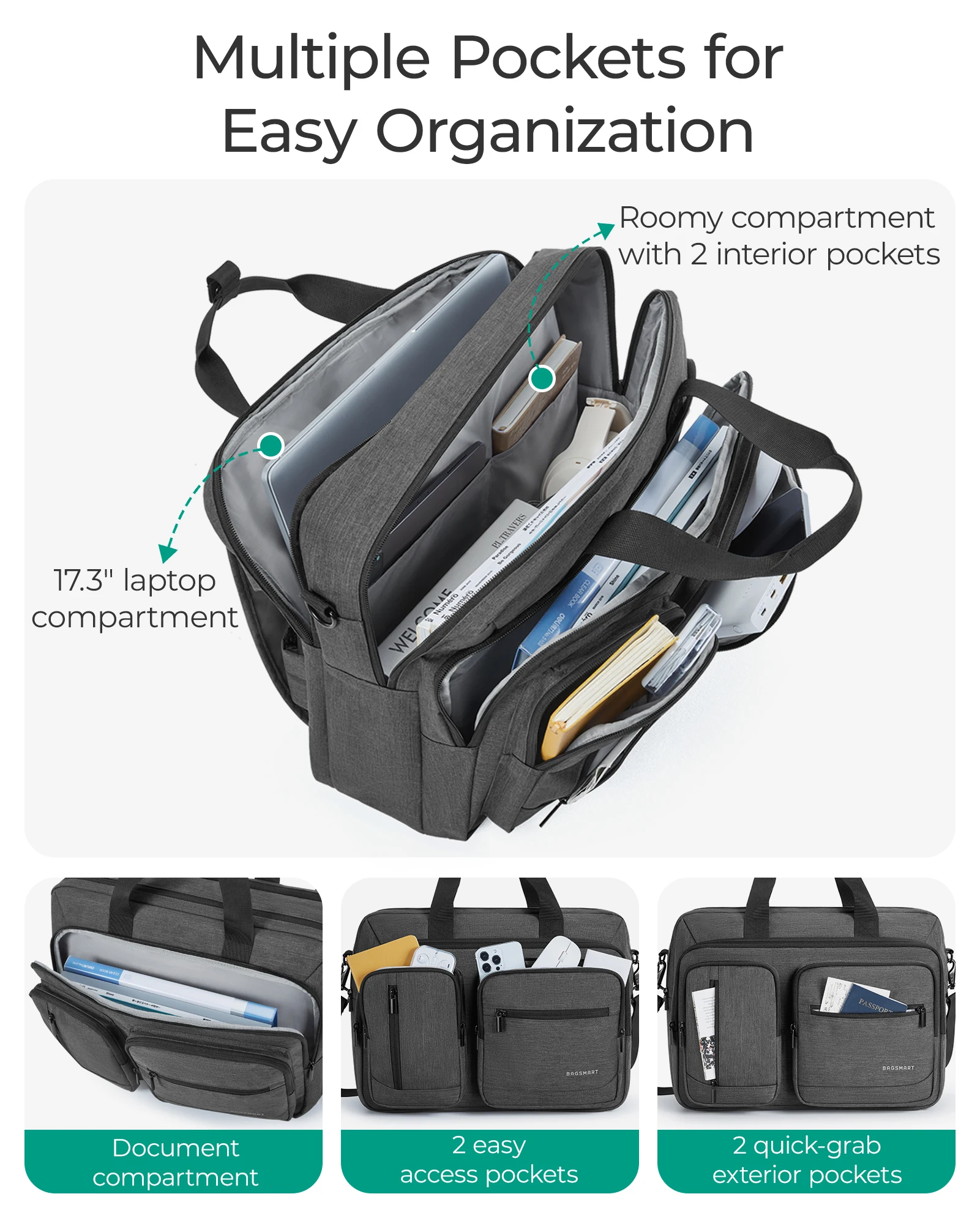 BAGSMART Laptop Bag for Men 3 In 1 Computer Briefcase 17.3 Inch Water-Repellent Notebook Cover Business Travel Office Backpack