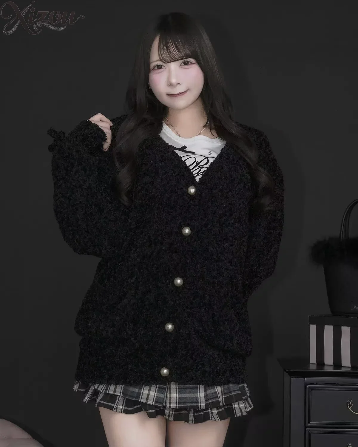 

Spring Autumn Winter Women Knitted Cardigan Sweet Plush Fluffy Bowknot Pearl Button V-Neck Soft Long Sleeve Loose Coat Top