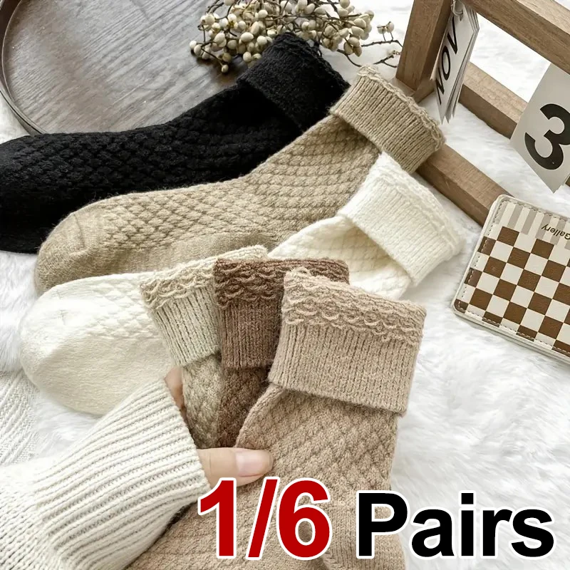 

1/6 Pairs Women Autumn Winter Thick Warm Knitted Socks Fashionable Simple Diamond Shaped Comfortable Plush Home Casual Socks