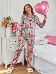 Women's Cute Cartoon Cat Print Satin Pajama Set, Long Sleeve Buttons Lapel Top & Pants, Comfortable Relaxed Fit For Fall
