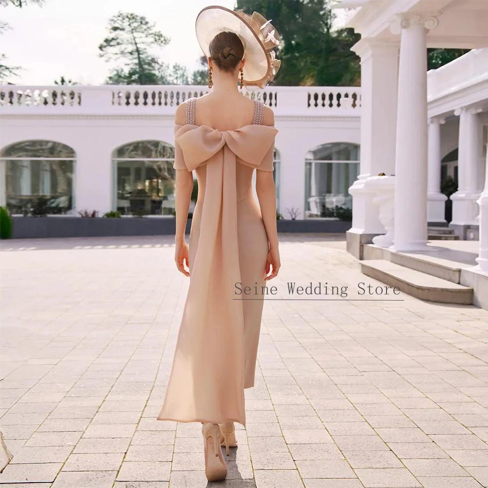 Customized Women's Cocktail Party Dress Off the Shoulder Wedding Guest Gowns Column Tea Length Crystal Mother of the Bride Dress