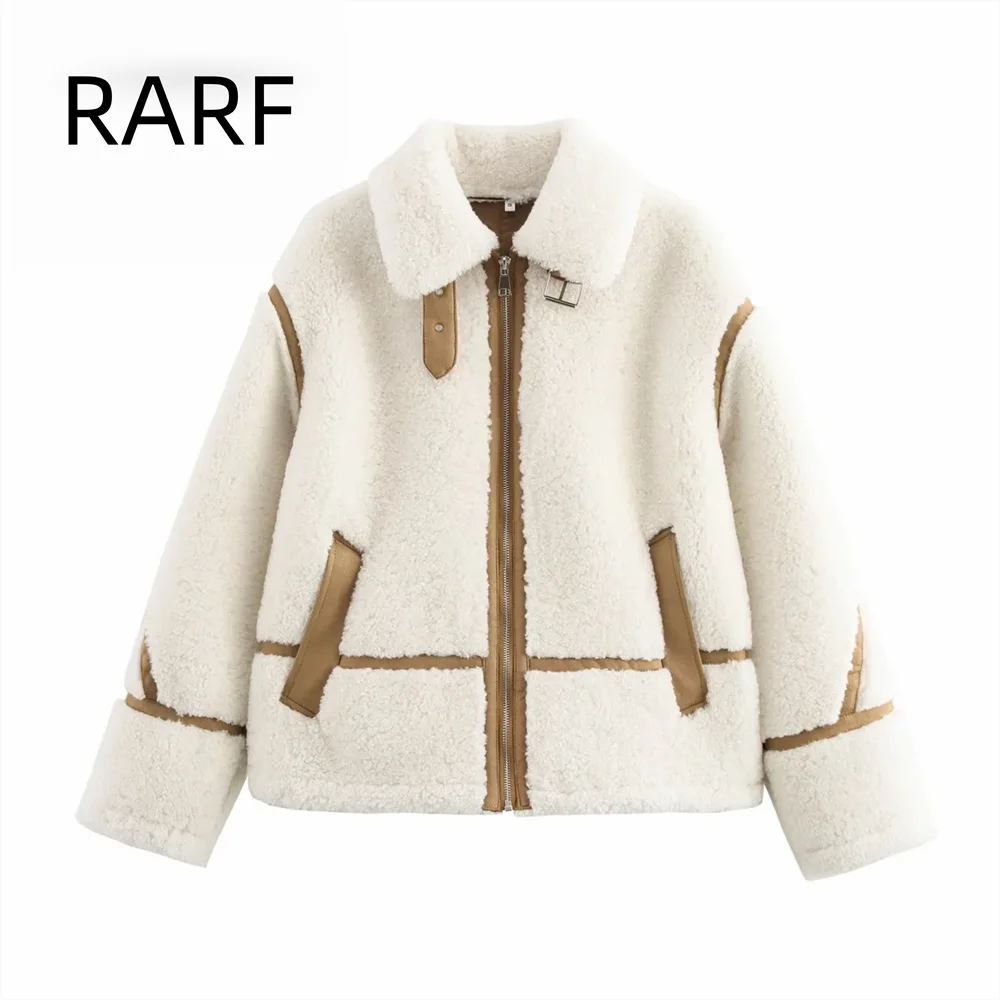 

2024 Autumn/Winter Women's Fleece Double sided Long Sleeve Collar Jacket with Leather and Coat Integration