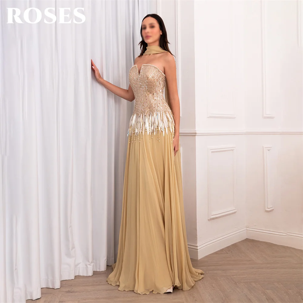 ROSES Ginger Chiffon Party Dresses Strapless Draped Neck Scarf Evening Dresses Beading On Chest فساتين السهرة A Line Customized