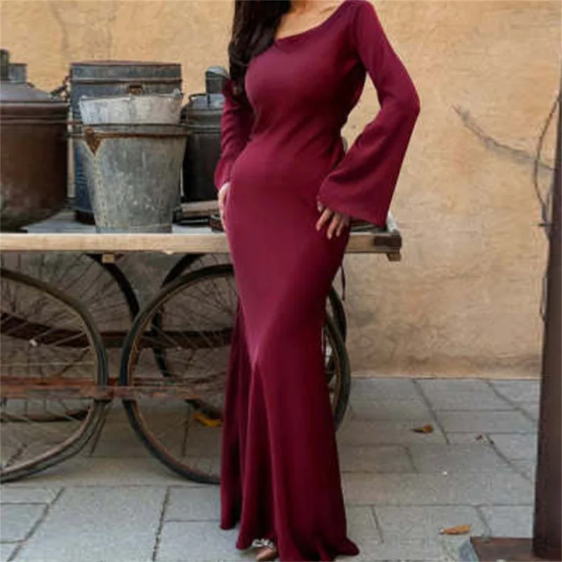 Evening Gowns Women Long Dress Fashion Simple Round Neck Satin Flare Sleeve Back Lace Up Slim Evening Party Dresses Sexy Dress