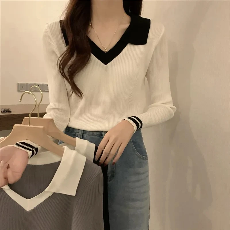 Sweet Y2K Streetwear Knitted Pullovers Women Fall Patchwork Sweater Harajuku Korean Casual Solid Fashion Polo Preppy Mujer Tops