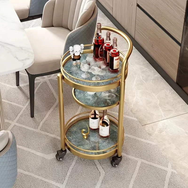 High grade beverage trolley three-layer metal cake cart bar marble round tea cart mobile rack