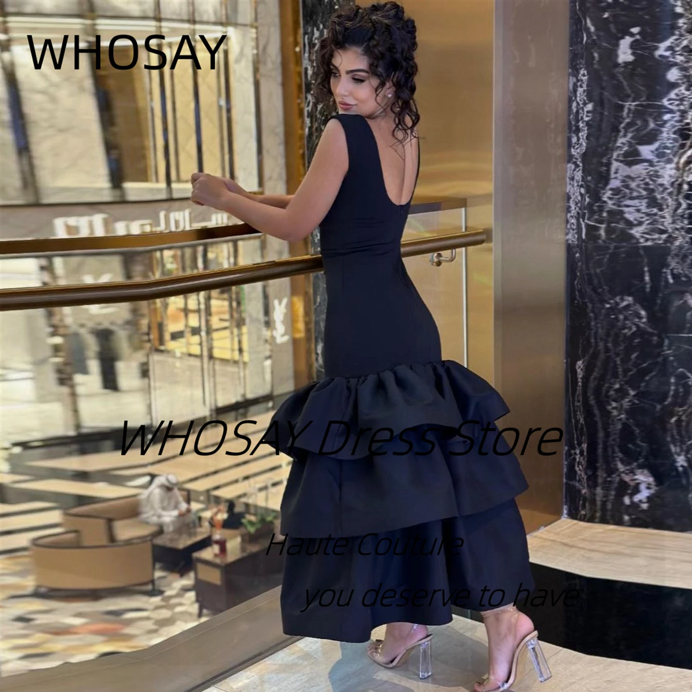 WHOSAY-vestidos De graduación negros para mujer, vestido De noche Sexy con espalda al tobillo, fiesta De cumpleaños escalonada, vestidos De cóctel