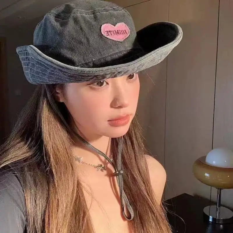 Retro Washed Love Cowboy Bucket Hats für Damen – Frühling/Sommer Outdoor Sonnenschutz Süße Rosa Sonnenhüte Fischerhüte