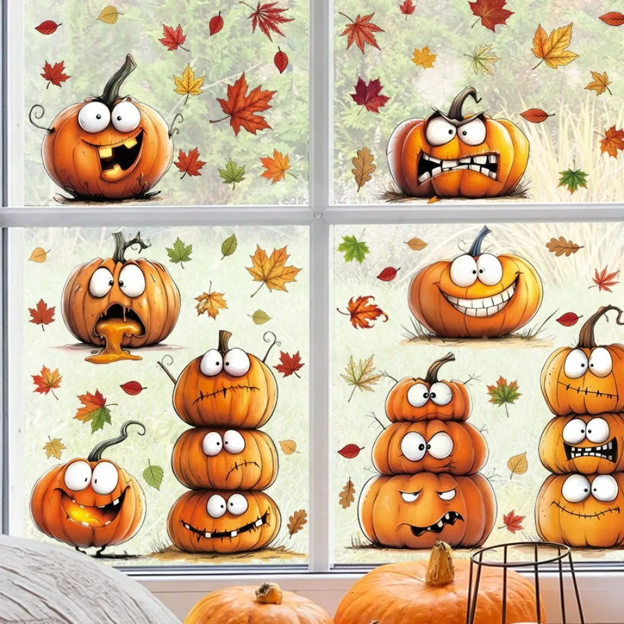 6PCS Static Autumn Window Stickers, Pumpkin and Red Orange Maple Leaves,Glass Stickers, Autumn Harvest and Halloween Decorations