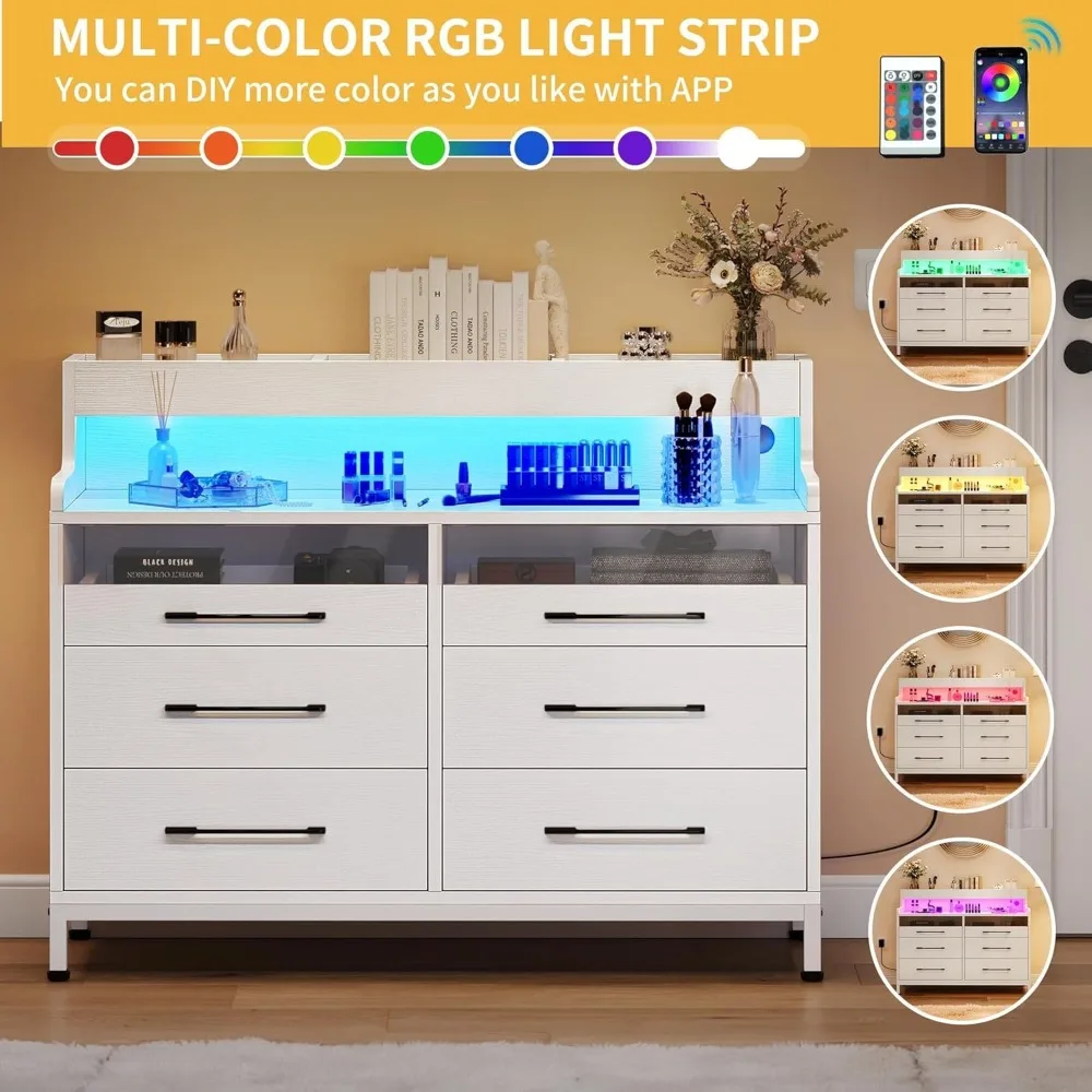 خزانة ملابس LED حديثة مع 6 أدراج، رف تخزين مفتوح لغرفة النوم، المدخل، أبيض