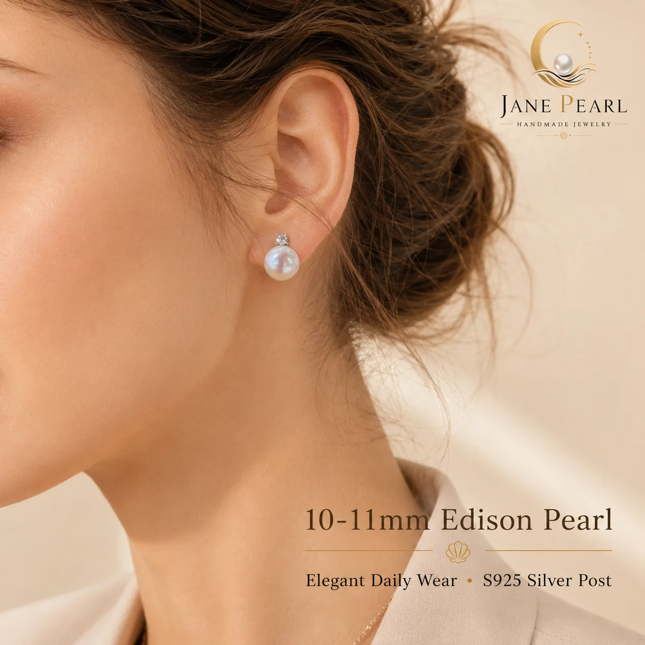 Mareora Natural Freshwater Edison Pearl Stud Earrings 10-11mm Round Pearl S925 Silver Needle  Princess Style Handmade Jewelry
