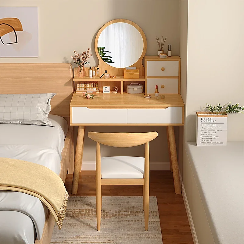 

Dresser: Modern, minimalist vanity mirror, double vanity cabinet, master bedroom with draw-out vanity table