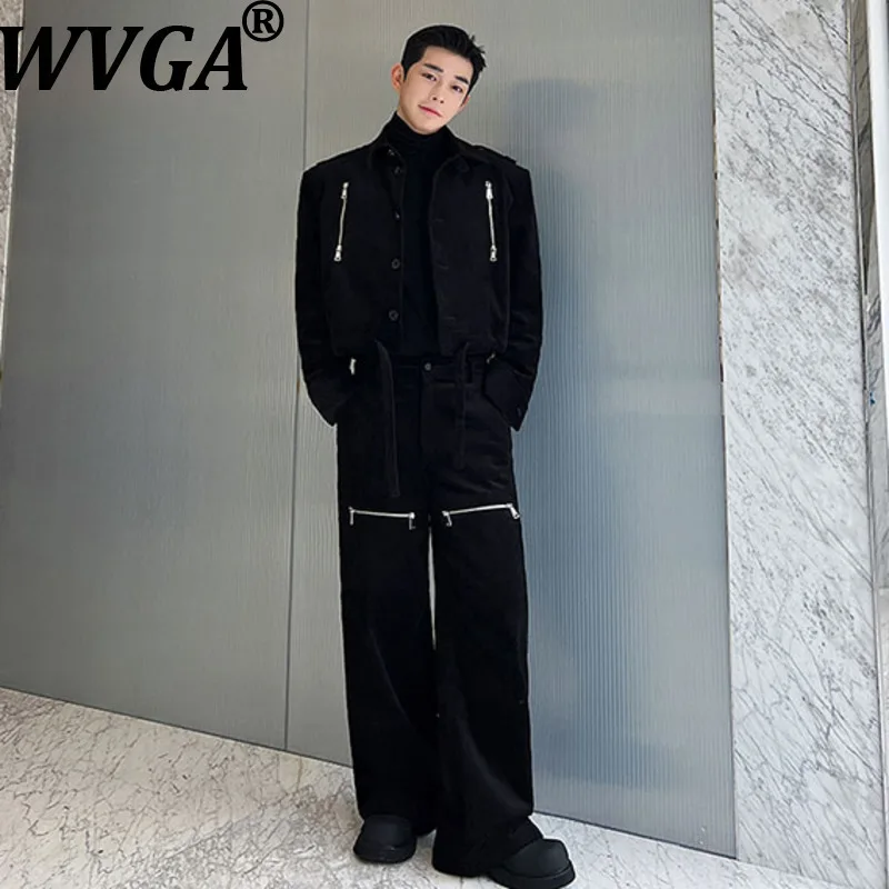 WVGA Spring Autumn New Men Tide Niche Design Multi-Zipper Trendy Jacket Chic Casual Wide-Leg Pants Two Pieces Set Ins Y2K W17002