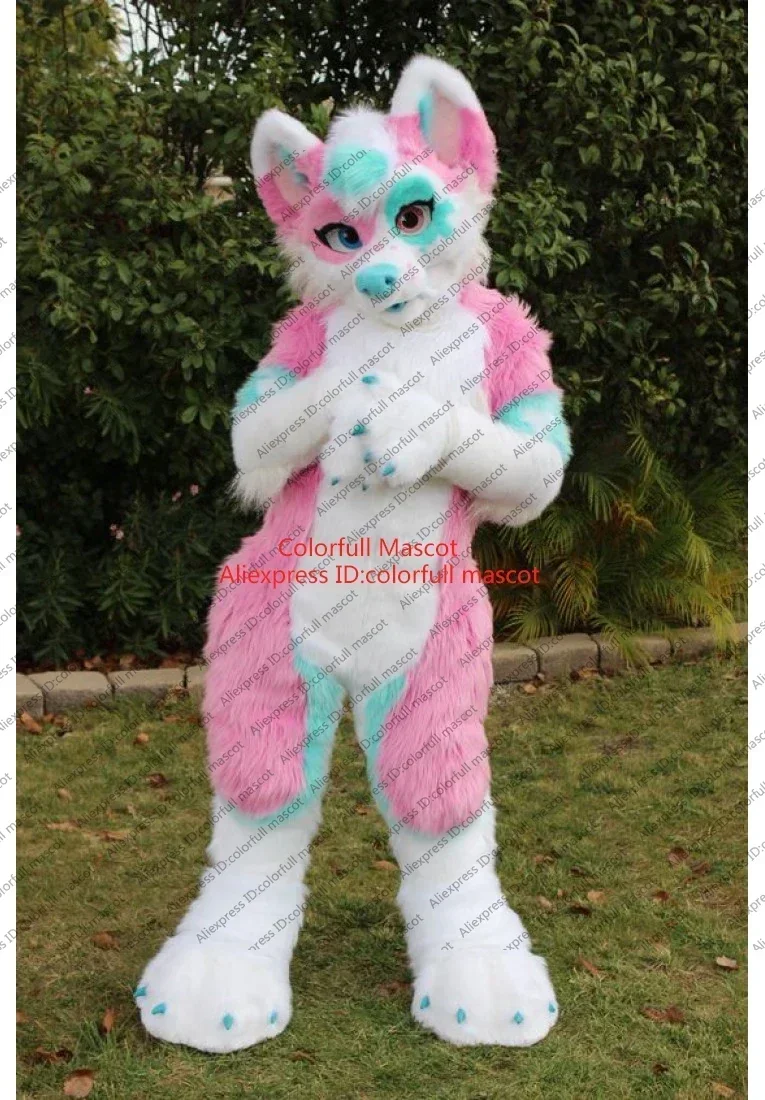 Natal longo pele peludo traje husky cão raposa mascote traje fursuit lobo branco roxo cosplay festa fursuit halloween terno a