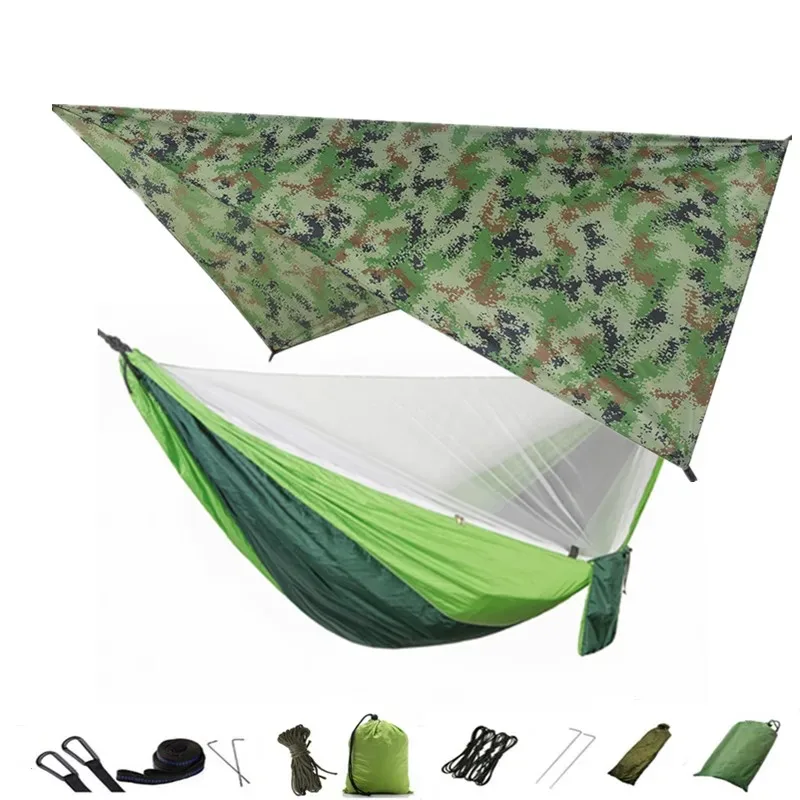 

Camping hammock with mosquito net and canopy, portable nylon hammock, rain fly, tree straps, for hiking, camping, survival