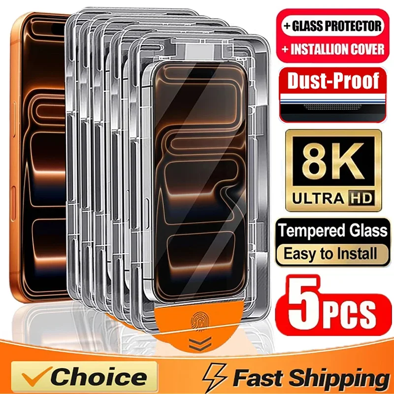 1-5 قطعة طلاء Oleophobic خالي من الغبار سهل التركيب واقي للشاشة زجاجي لهاتف iPhone 16 15 14 17 Pro Max 17 Air 15 16 Plus