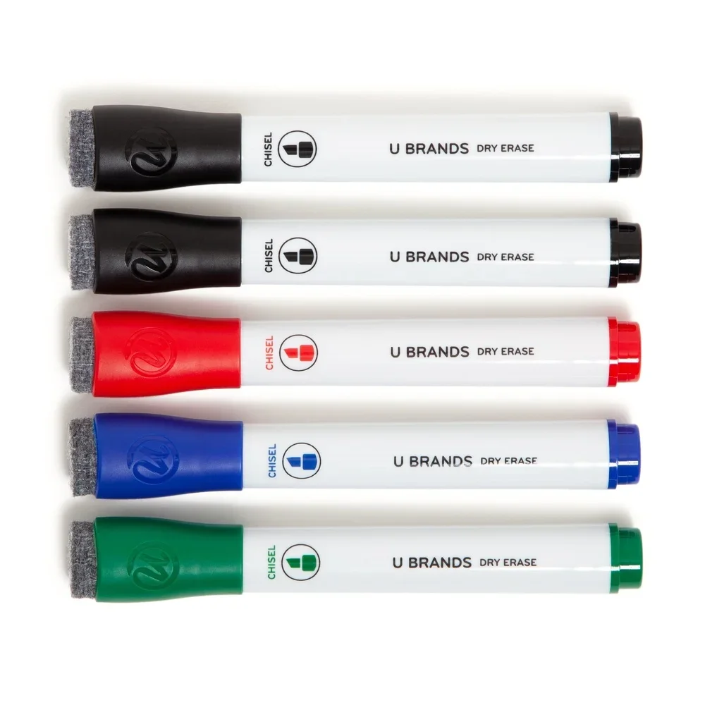Set di 5 pennarelli cancellabili a secco con punta a scalpello a basso odore con gomme da cancellare integrate Asciugatura rapida Alta visibilità Ufficio Scuola Uso domestico