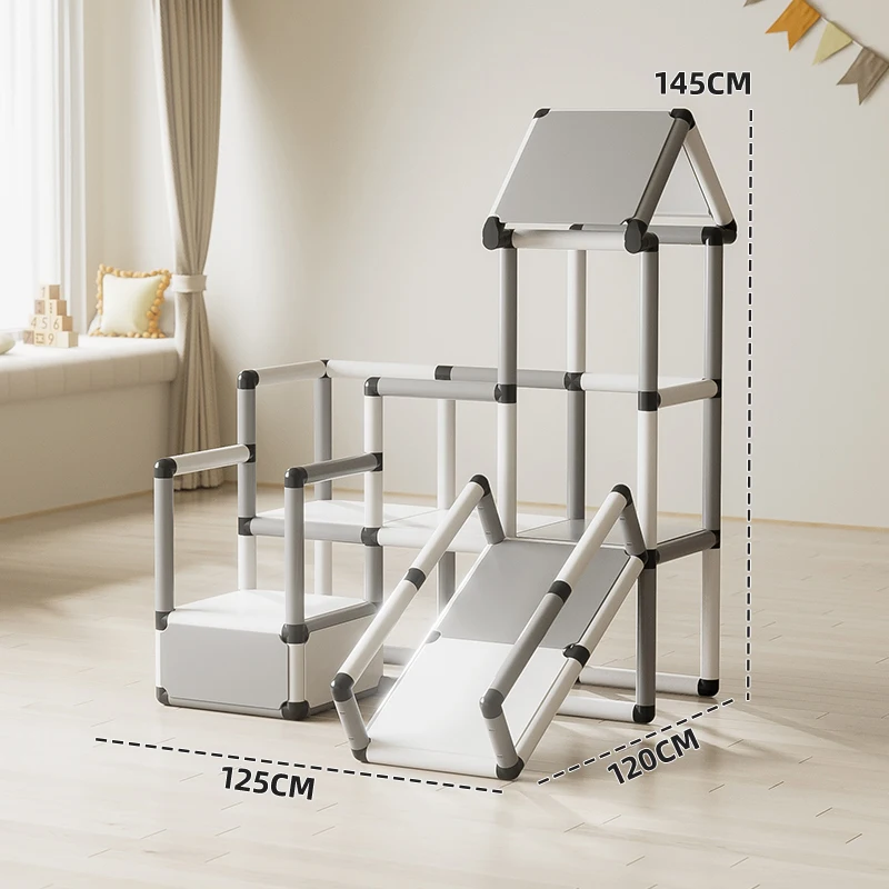 Indoor DIY Playhouse with Child Climbing Frame Pipe Slide Climbing Gym Construction Kids Learning Play Structure, Multicolor