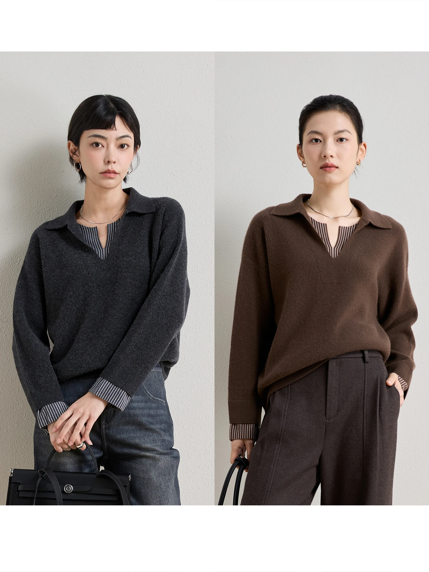 

ChangDX Full Camere Piped Two-Piece Vertical Striped Small V Camere Sweater Women's Knitted Warm Long Sve Top