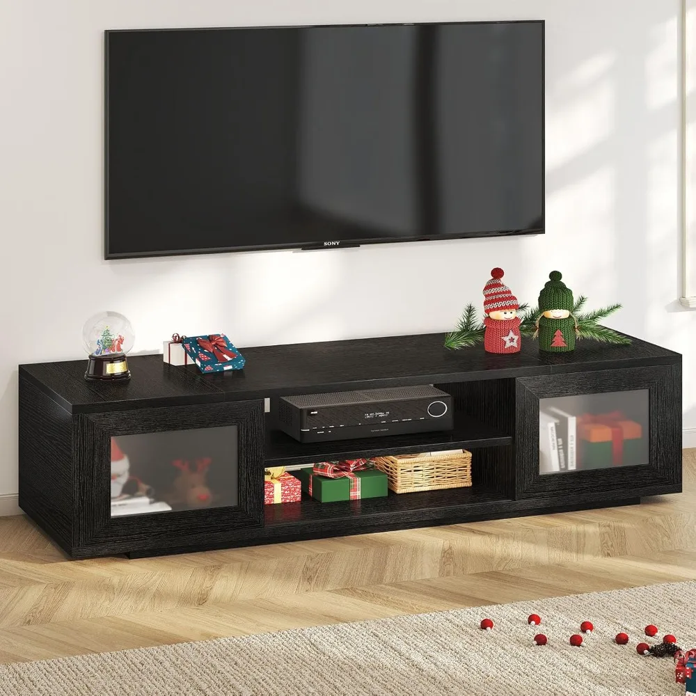 

Black TV Stand 55 Inch，Entertainment Center for Bedroom and Under TVs Cabinet with Storage,Modern TV Console with Sliding Doors