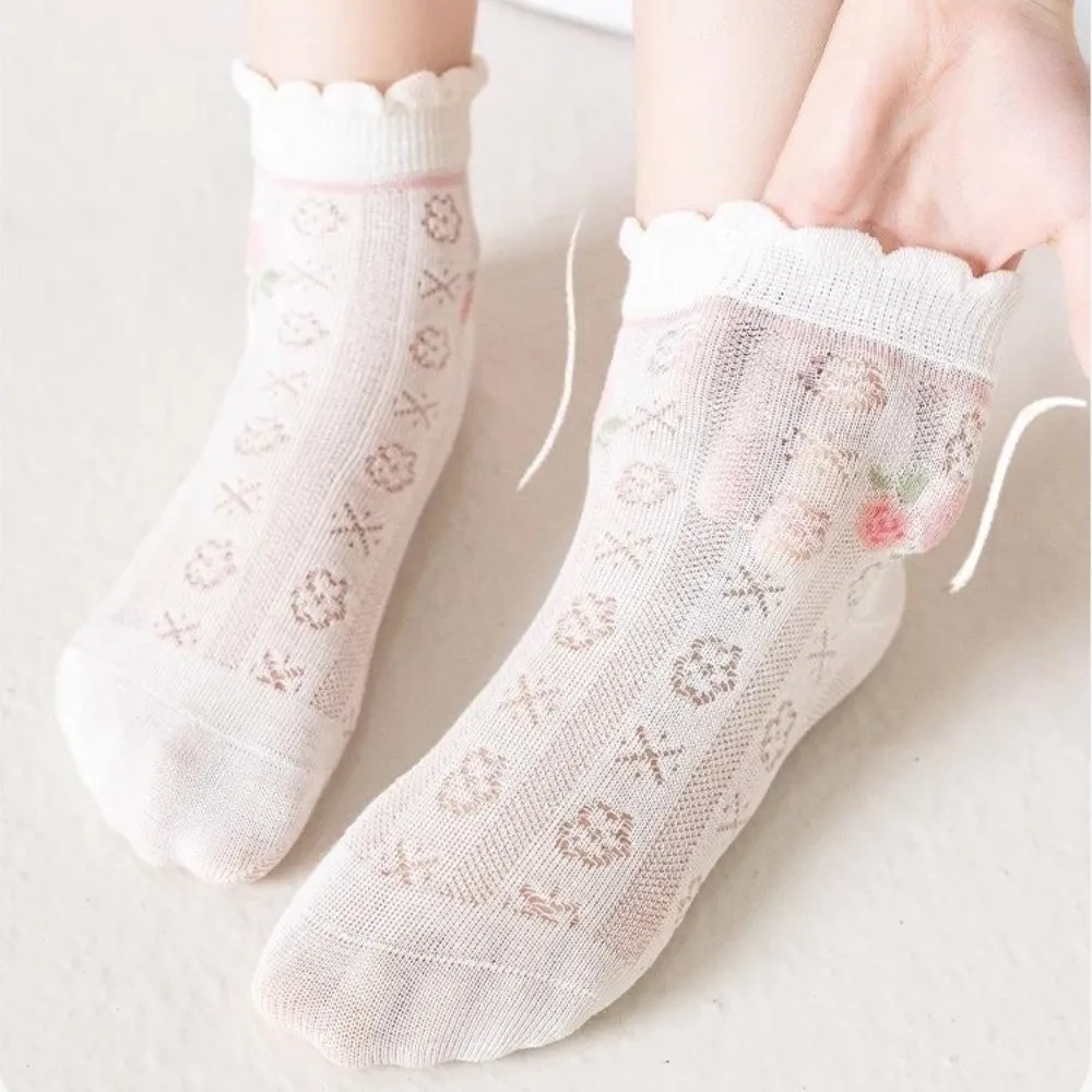 

5 Pairs New Cotton Kids Mesh Socks Breathable High Resilience Ankle Socks Flower and Bow Comfortable Children Socks for Summer