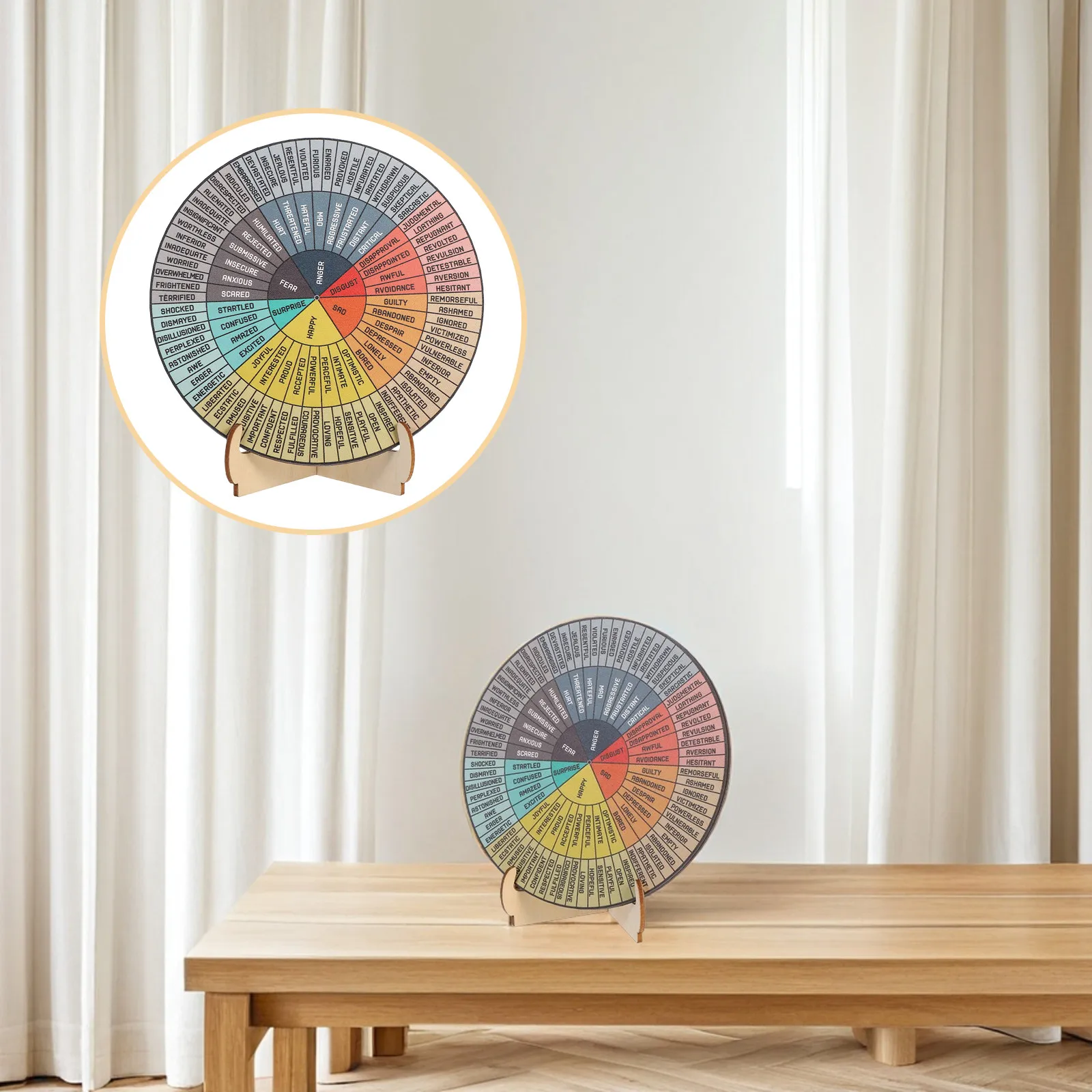 

Elegant Wooden Emotion Wheel Desktop Ornament Double-Sided Feelings Chart with Stable Stand for Anxiety Relief Calm Emotions