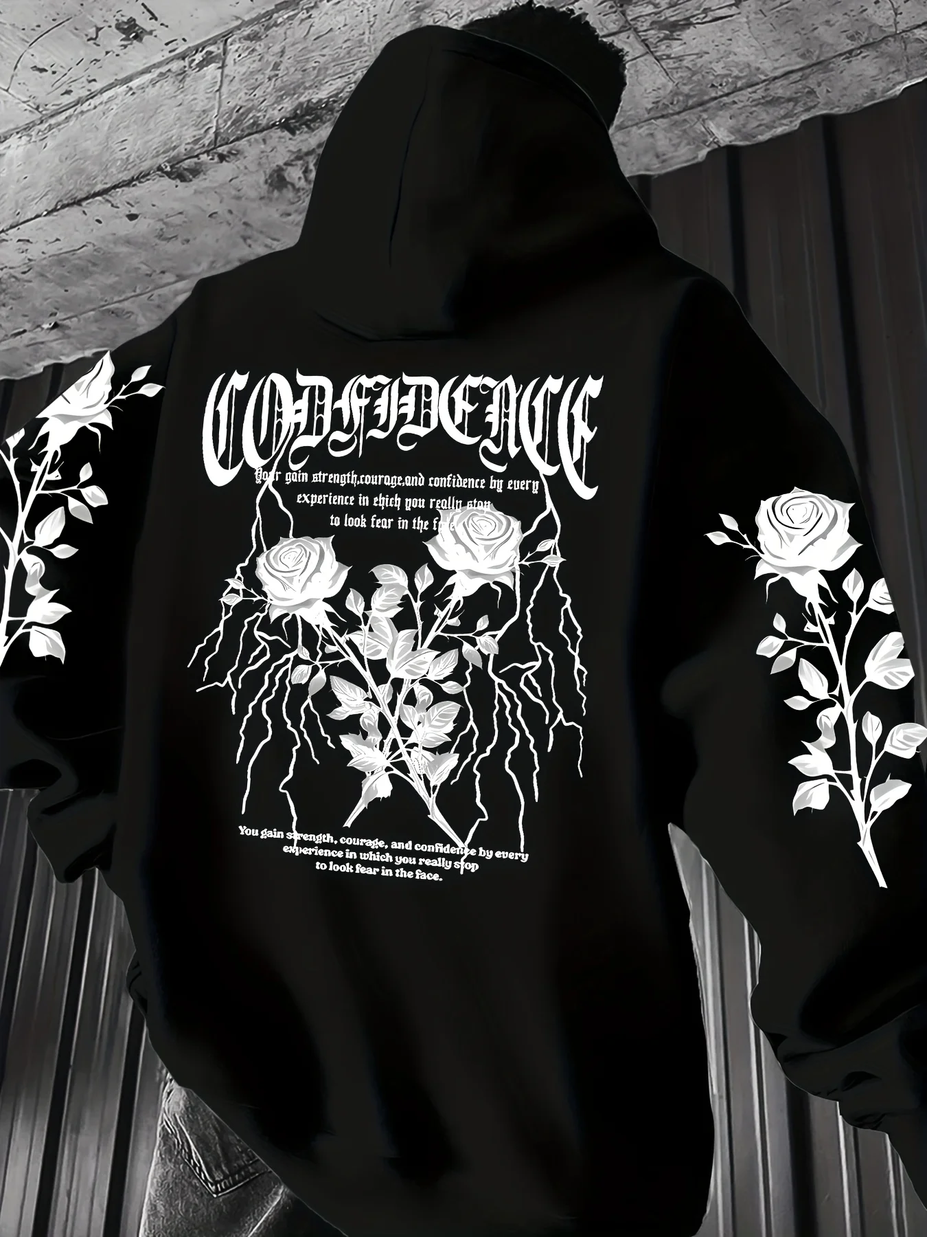 

European and American Men's Autumn Gothic Rose Letter Print Soft and Comfortable Hooded Sweatshirt Outdoor Street Style Top