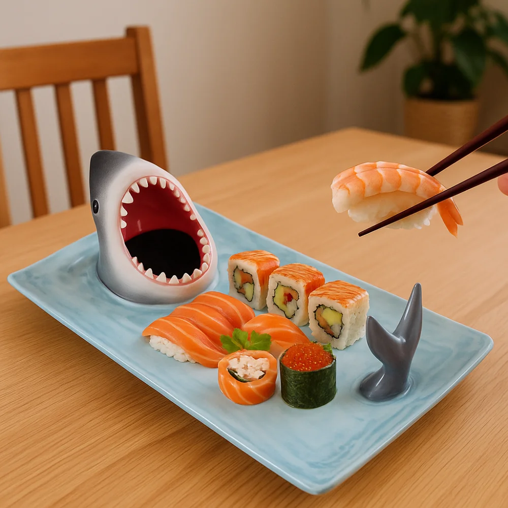 

3D Shark Ceramic Plate Japanese Style Large Capacity Dumpling Plate Independent Sauce Area Ceramic Food Platter Fries