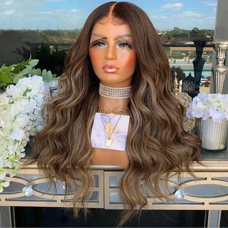 Chocolate Brown Body Wave Synthetic Lace Front Wig Glueless Natural Hairline Lace Wig Ready to Wear With Baby Hair 26''Blonde