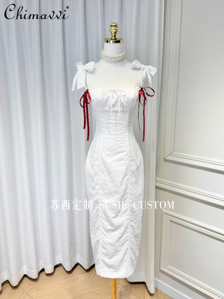 

French Elegant High-end Long Evening Dress Embroidered Flower Lace-up Bow Square Neck High Waist Slim Fit Bodycon Dress Women