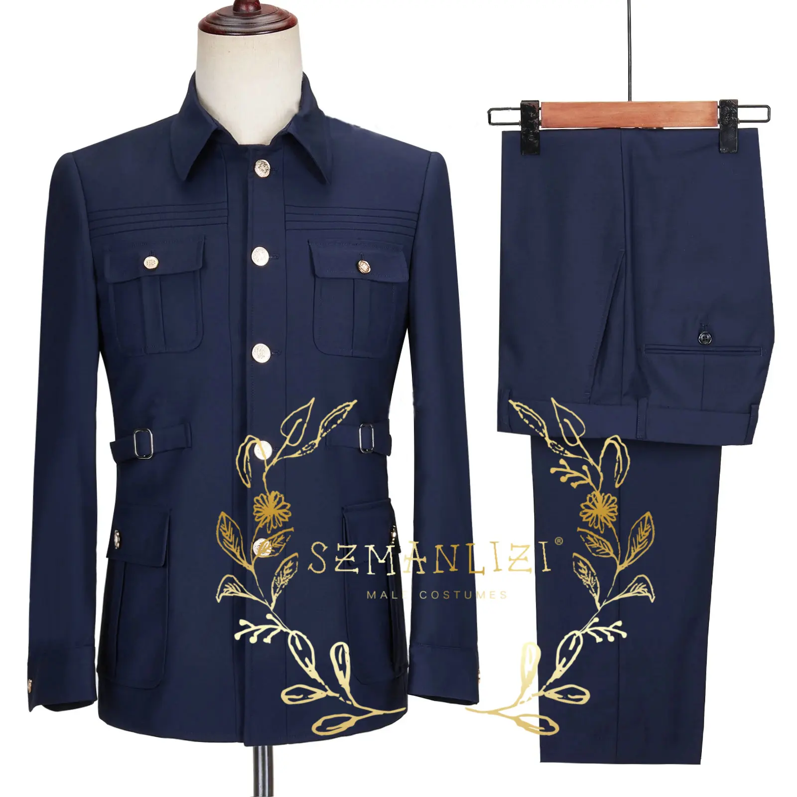 

Latest Navy Blue Suits for Men 2 Pieces Slim Fit Fashion Chinese Tunic Suit Wedding Blazer Pants Set Luxury Tuxedos for Men