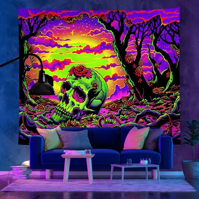 VIKAMA UV Blacklight Fluorescent Skull Tapestry Gothic Hippie Neon Psychedelic Glow Wall Hanging Bedroom Esports Room Decor