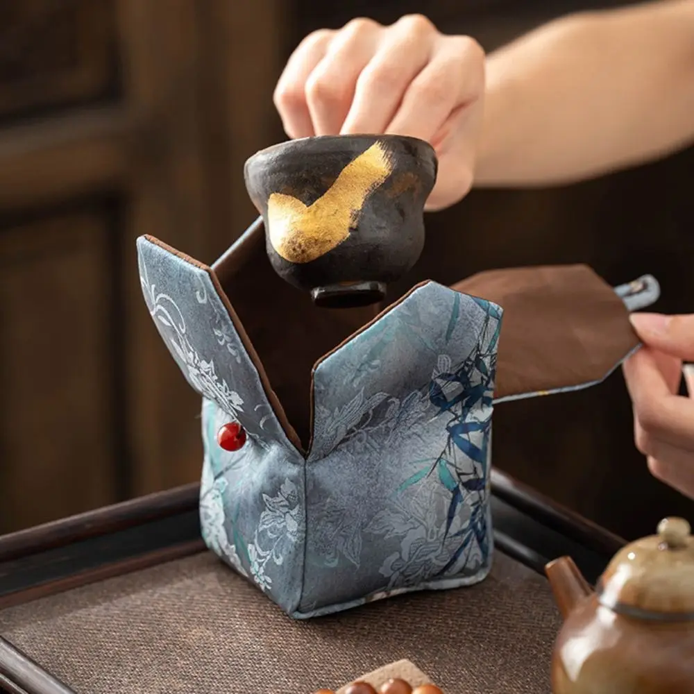 Custodia in tessuto per tazza da tè in stile cinese con bottone a pressione Borsa portaoggetti per stoviglie a prova di rottura Borsa ricamata multifunzionale portatile