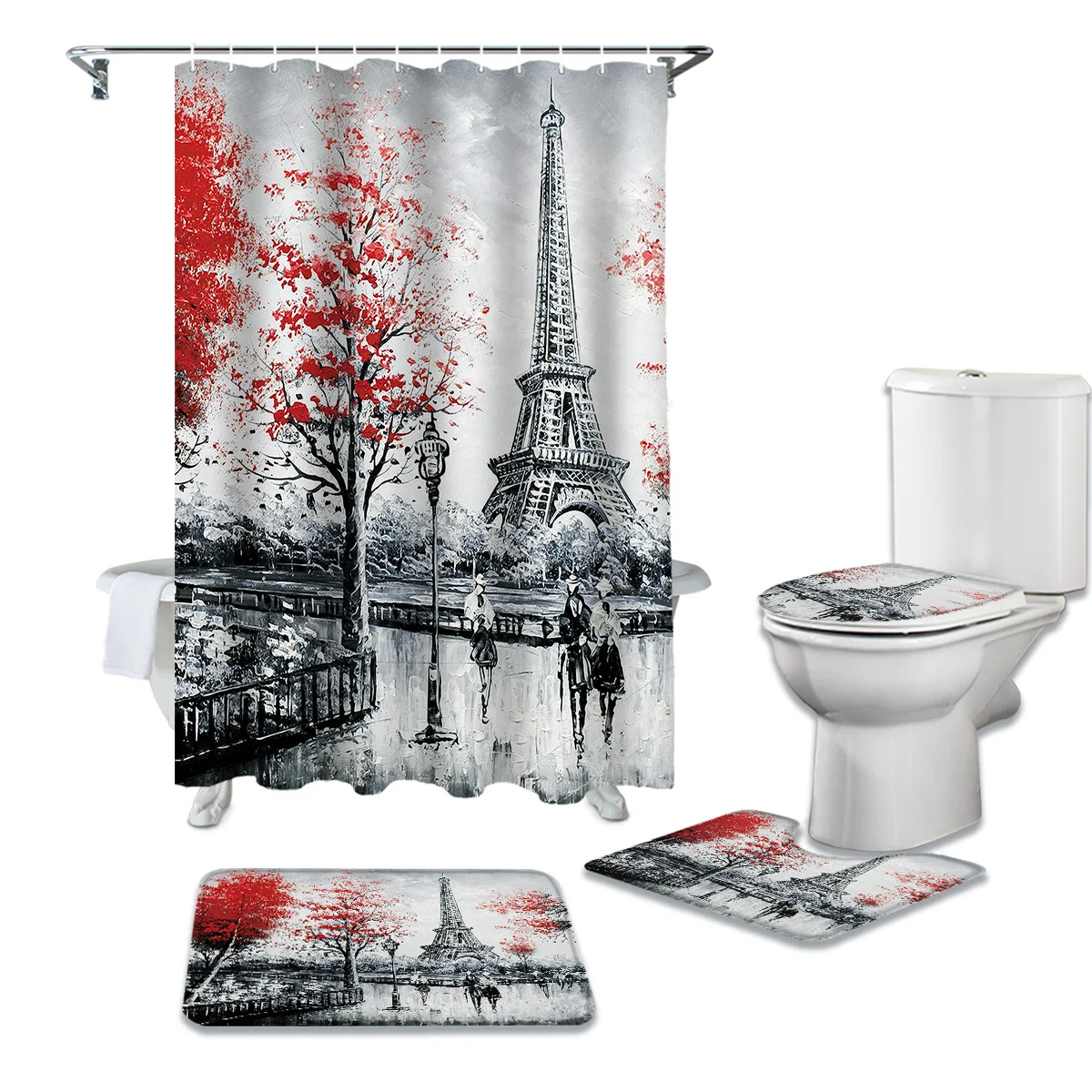 Eiffel Tower Oil Painting Print Shower Curtain and Bath Rugs Set Modern Bath Curtains for Bathroom Home Decor