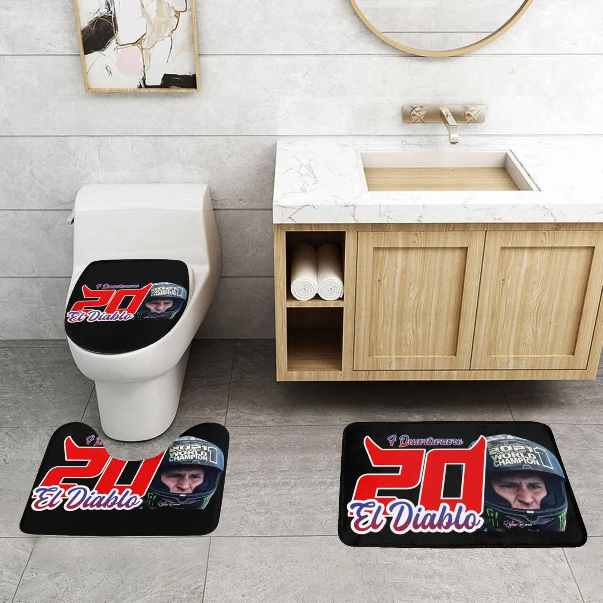 Custom Fabio Quartararo Bathroom Rugs Set 3 Piece Non Slip French Motorcycle Racer Toilet Bath Mat Sets