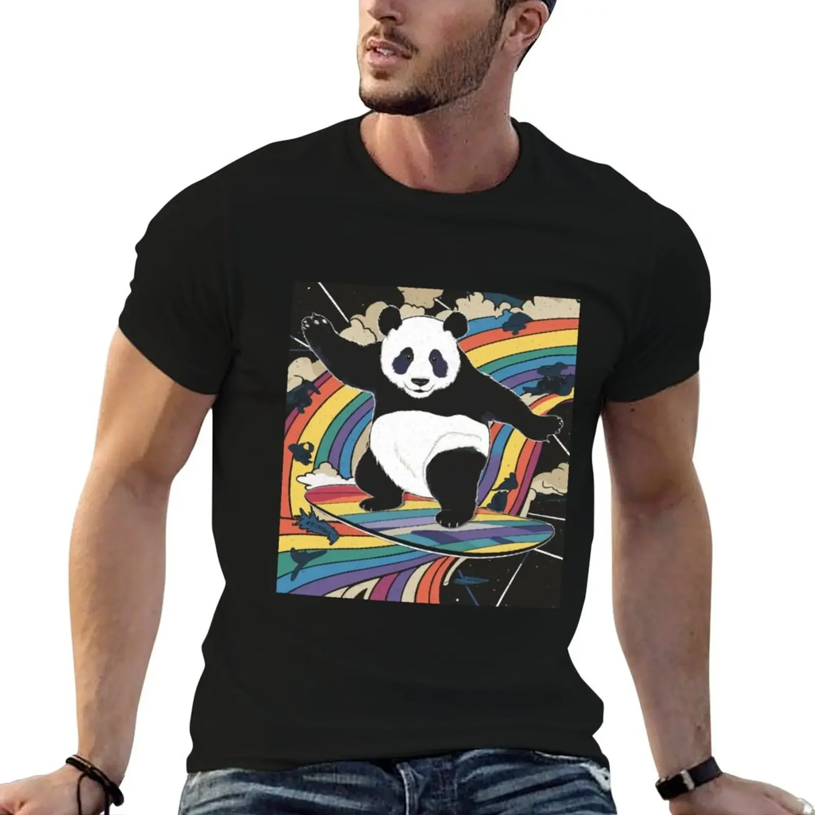 Pandas Surf Rainbows Cute surfing pandas T-Shirt graphic t shirts boys animal print mens vintage t shirts