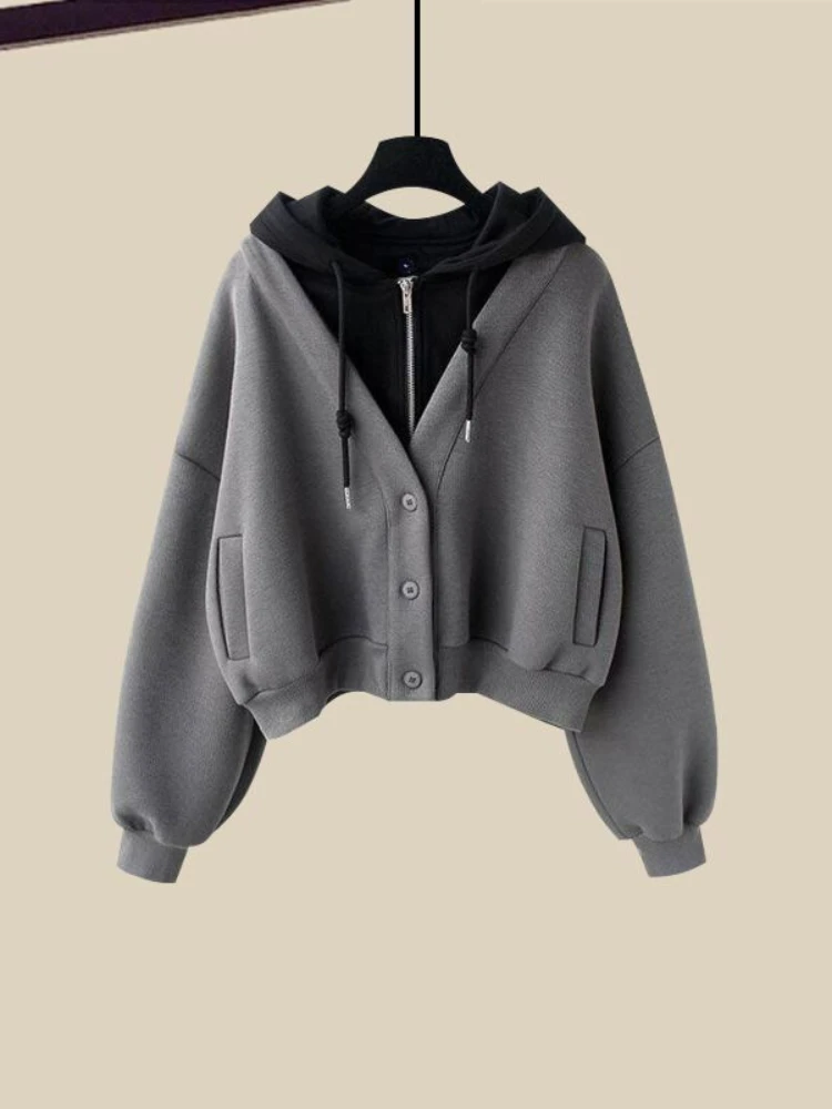 American Retro Hot Girl fake Two Piece Set Hooded Zipper Sweatshirt Autumn/Winter Y2K Harajuku Splicing Women's Tops emo