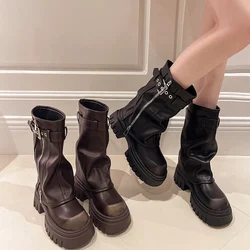 Platform Heel Women Short Boots Fashion Slip On Belt Buckle Shoes Autumn Winter Women's Biker Booties