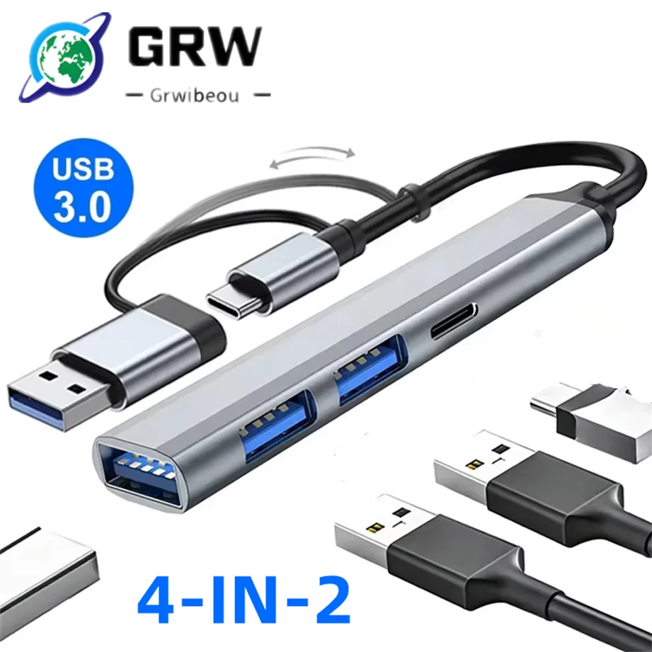 4-in-2 USB 3.0 Hub USB-Verteiler mit 4 Anschlüssen, High-Speed Typ-C Splitter 5 Gbit/s für PC-Computerzubehör, Multiport-Hub mit 4 USB 3.0/2.0 Anschlüssen