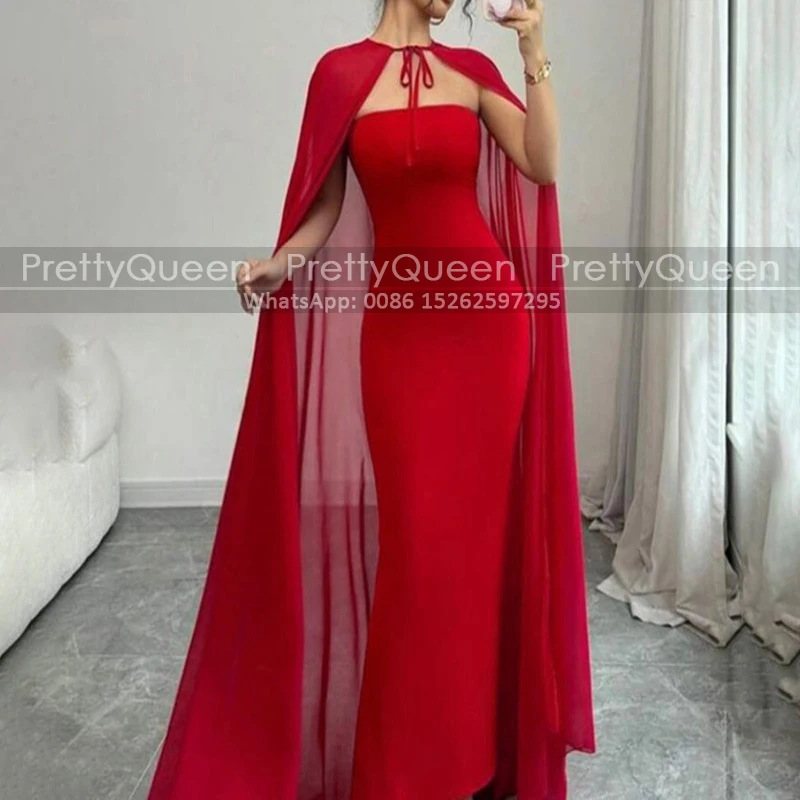 

Sexy Strapless Mermaid Prom Dresses Customized Red Long Cloak Cape Trumpet Party Reception Dress For Women