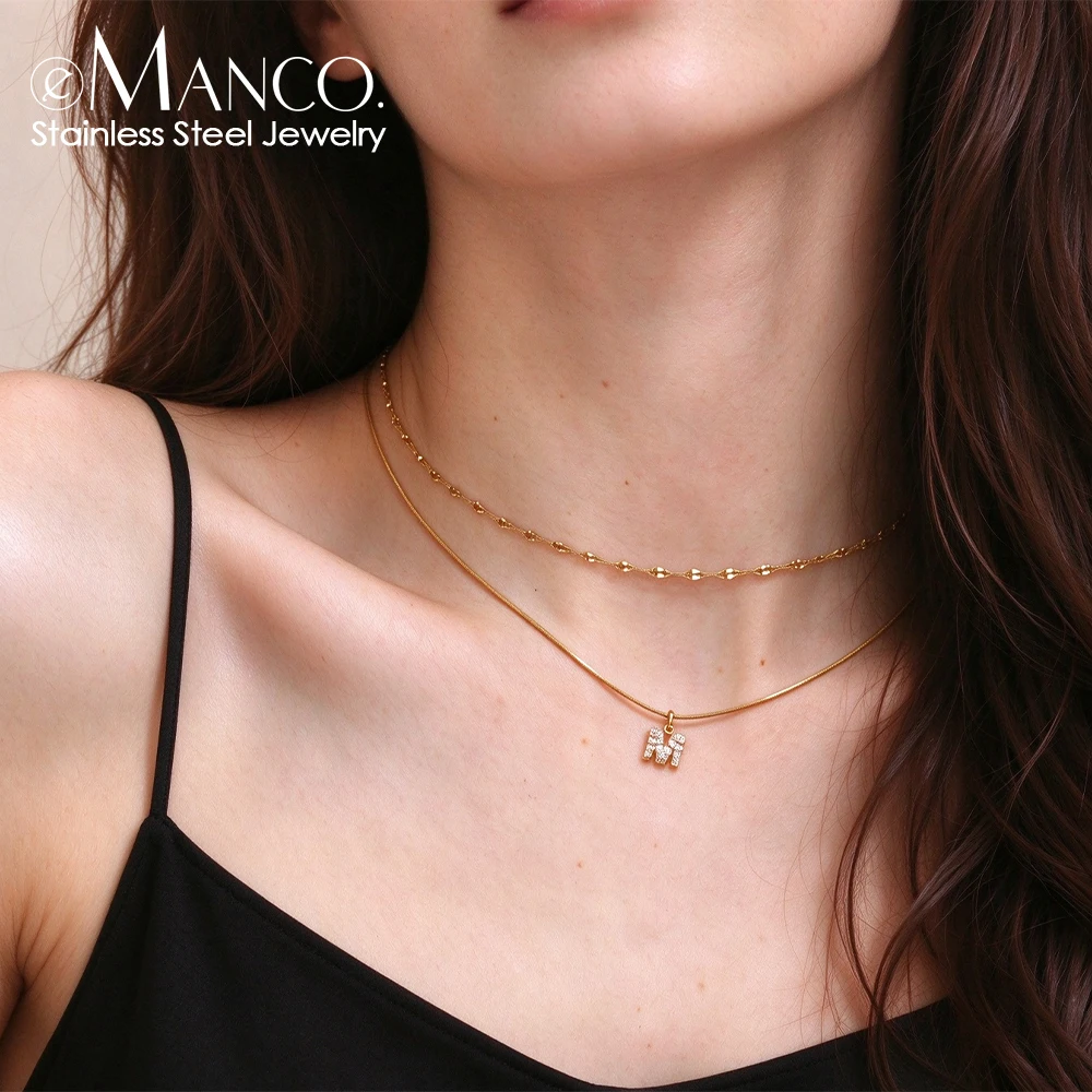 EMANCO Double Stainless Steel Round Snake Chain Necklace Light Luxury Zirconia Alphabet Pendant  Fashion Jewelry Wholesale