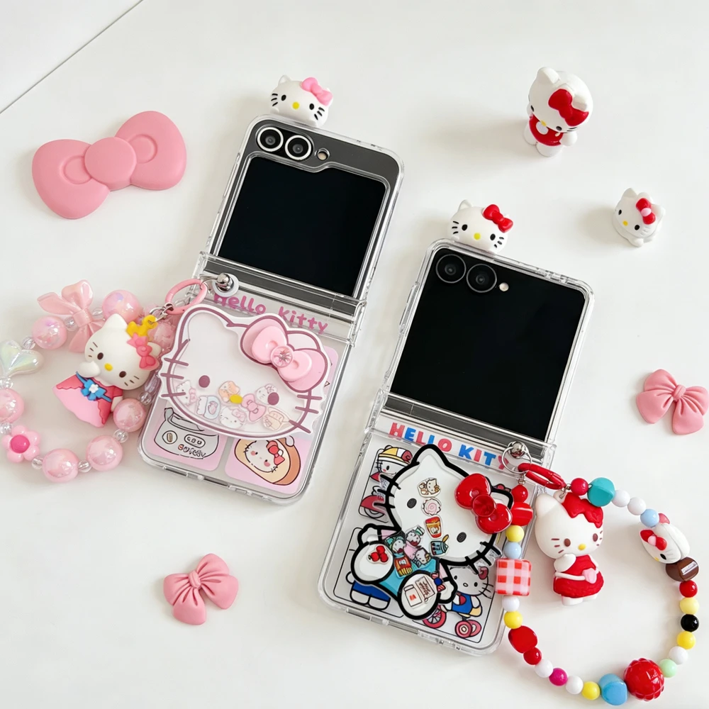 

Sanrio Hello Kitty Cute Cartoon Stand Holder Phone Case For Samsung Galaxy Z Flip 7 6 5 4 3 Case Hard TPU Cover With Lanyard