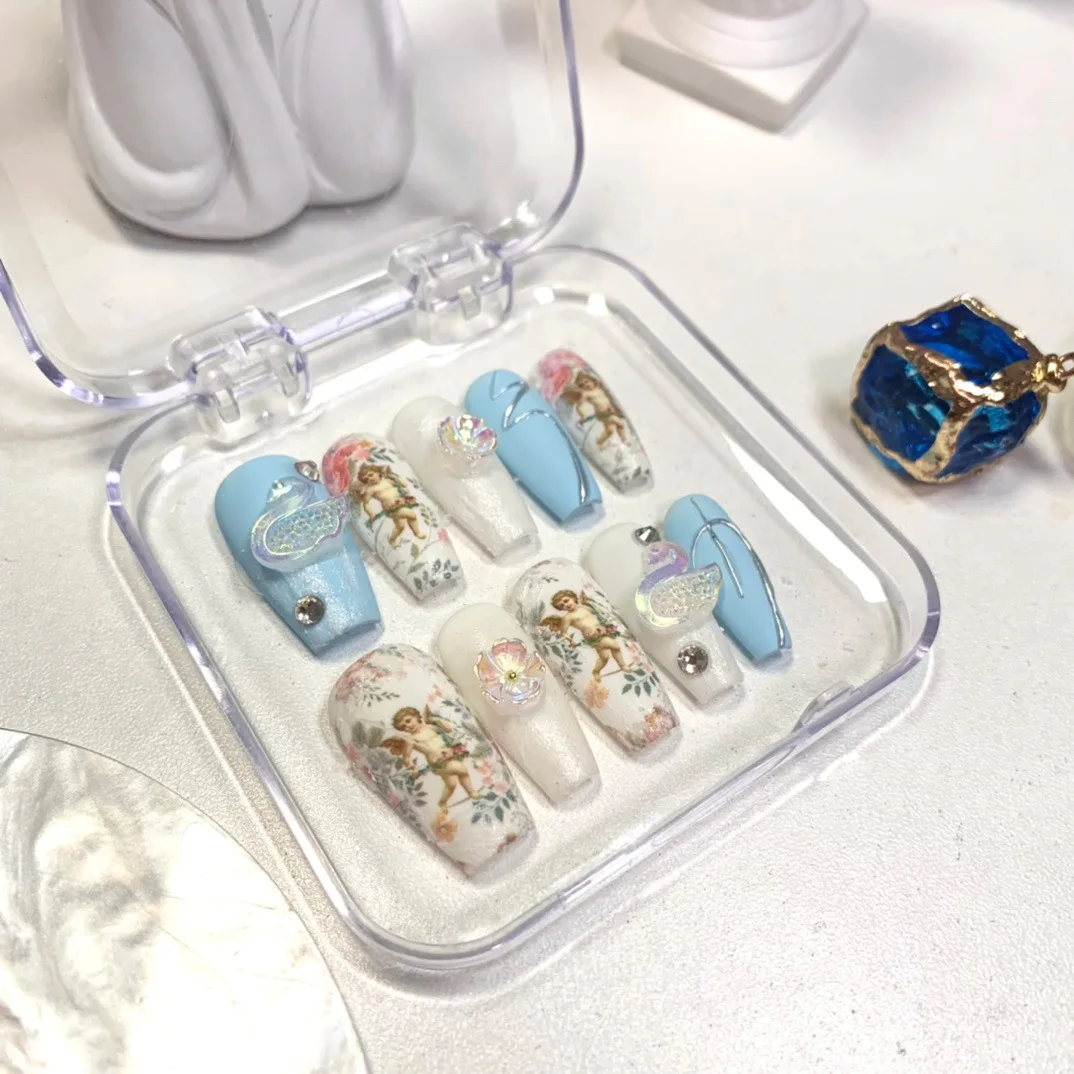 أظافر طويلة مطلية يدويًا برسم يدوي ، ملاك أزرق ، فن أظافر مزيف بتصميم ساحر ، مانيكير صناعي بغطاء كامل للفتيات #2