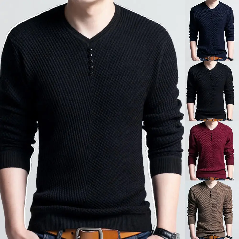 2025 Men's Knitted Sweater Blouse Long Sleeved V-neck Knitted Sweater With Casual Slim Fit Button Decoration Pullover Sweater
