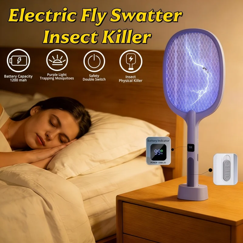 

Электрическая мухобойка-уничтожитель насекомых 3500В, перезаряжаемая через Type-C, съемная, ручная, с автоматическим режимом ударов, для использования в помещении и на улице